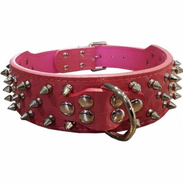 Collier cuir à piques rose