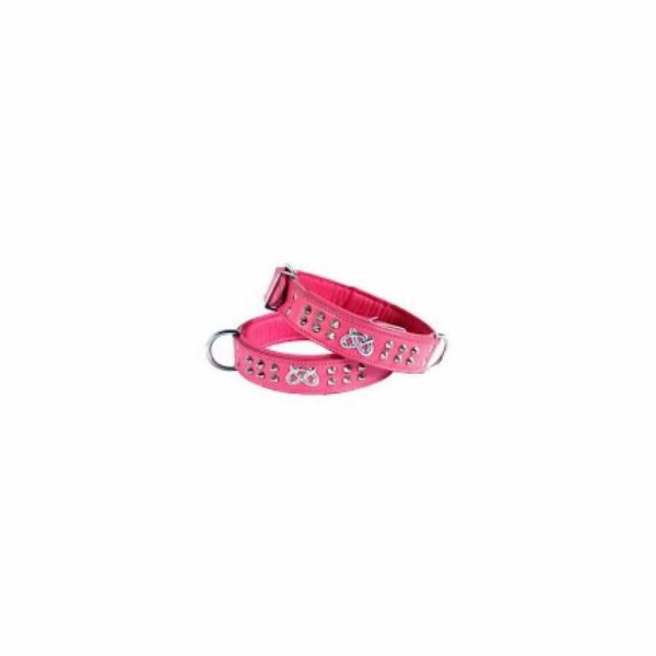 Collier cuir Staffie rose / argenté à piques