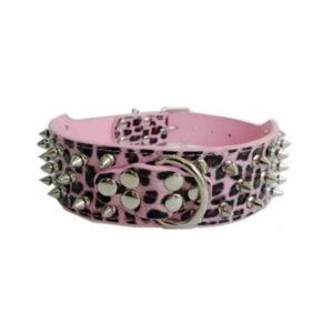 Collier cuir à piques rose léopard